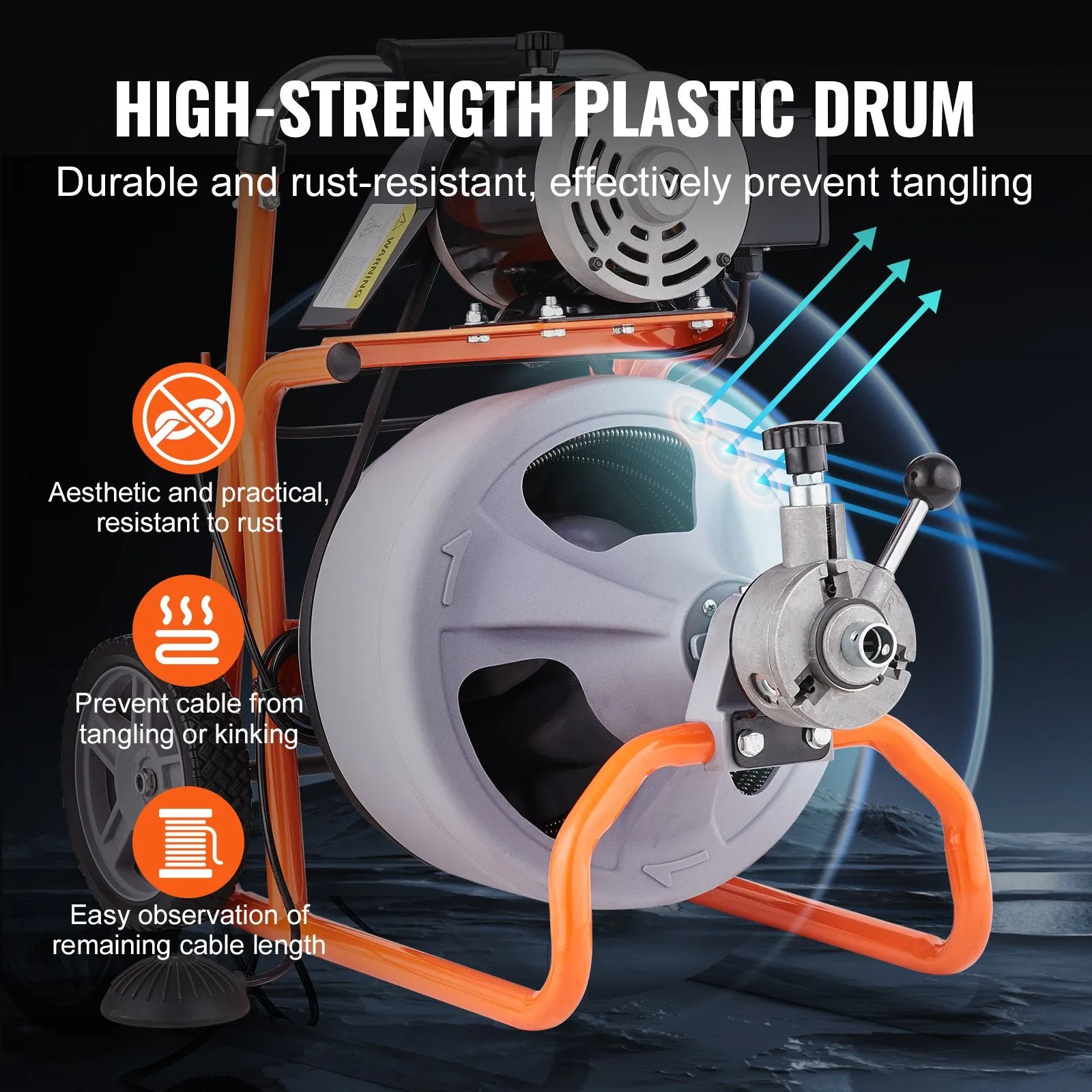 Vevor Drain Cleaner Machine 75' x 3/8" Sewer Snake Auto Feed Drain Auger with Wheels and 8 Cutters New