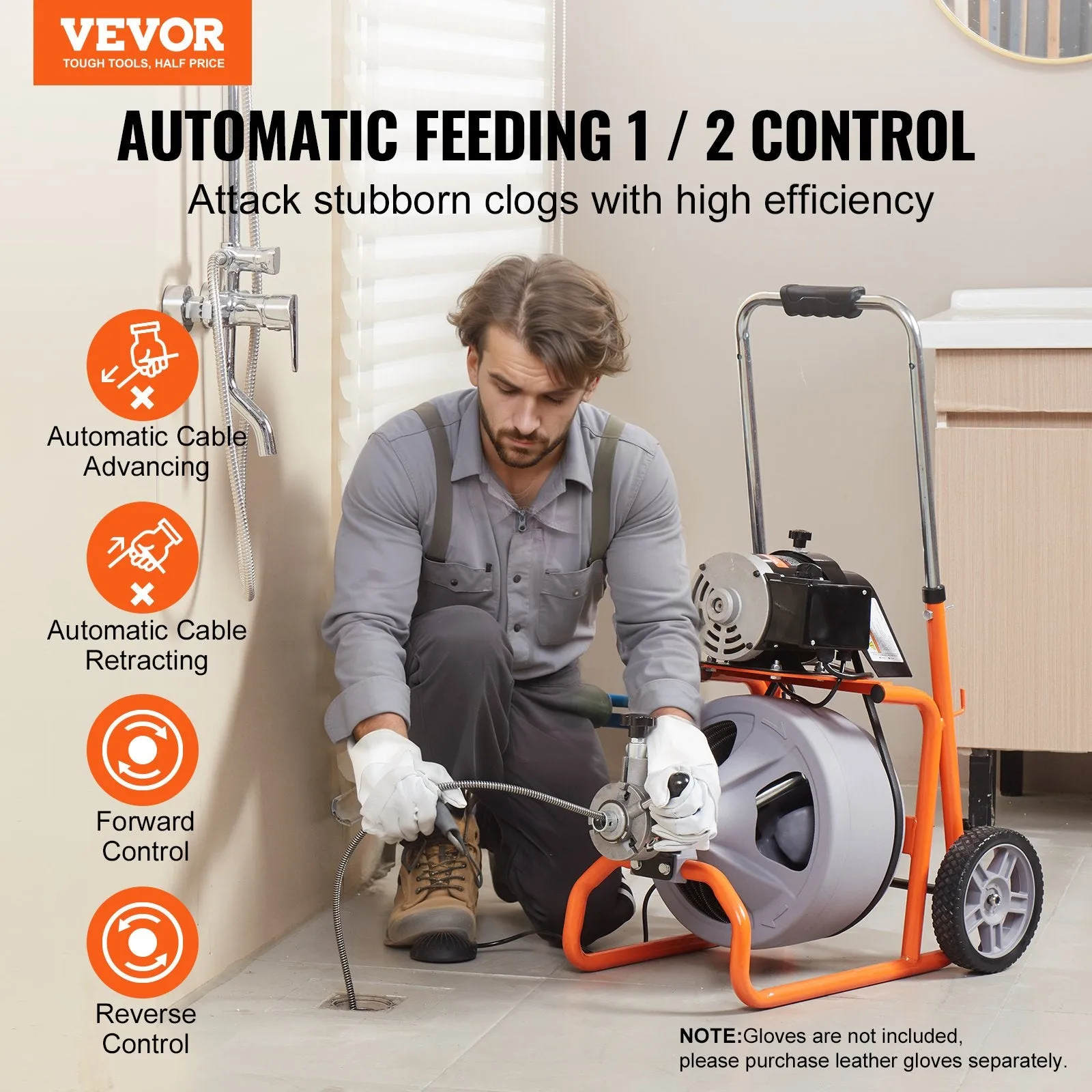 Vevor Drain Cleaner Machine 75' x 3/8" Sewer Snake Auto Feed Drain Auger with Wheels and 8 Cutters New