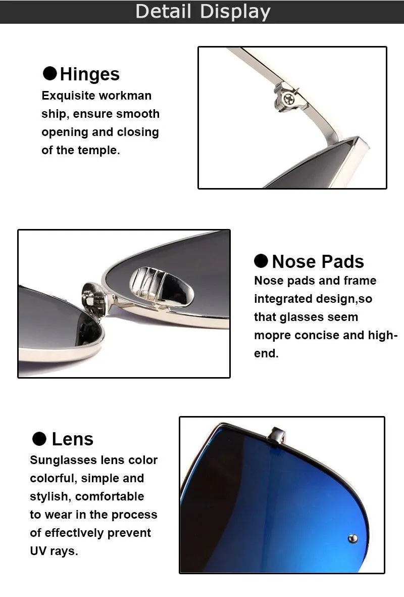 Vintage Fashion Metal Flat Frame Clear Lens Cat Eye Sunglasses for Women