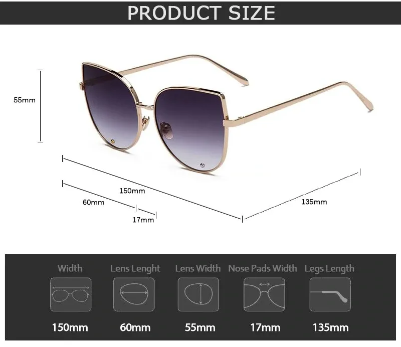 Vintage Fashion Metal Flat Frame Clear Lens Cat Eye Sunglasses for Women