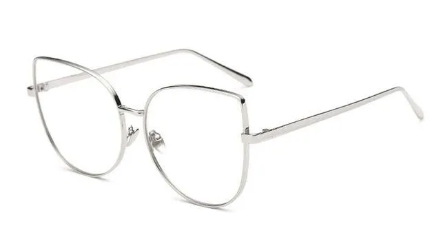 Vintage Fashion Metal Flat Frame Clear Lens Cat Eye Sunglasses for Women