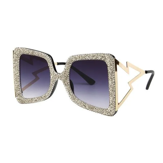 Vintage Women's Bling Stones Big Wide Temple Oversize Sunglasses