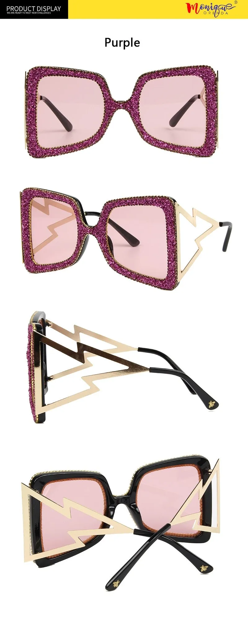 Vintage Women's Bling Stones Big Wide Temple Oversize Sunglasses