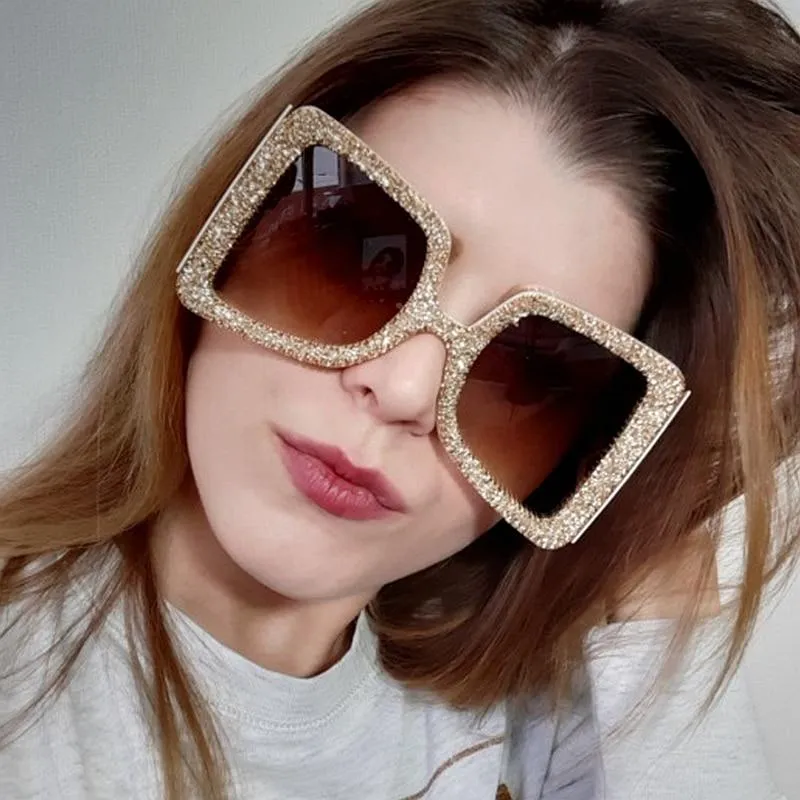 Vintage Women's Bling Stones Big Wide Temple Oversize Sunglasses