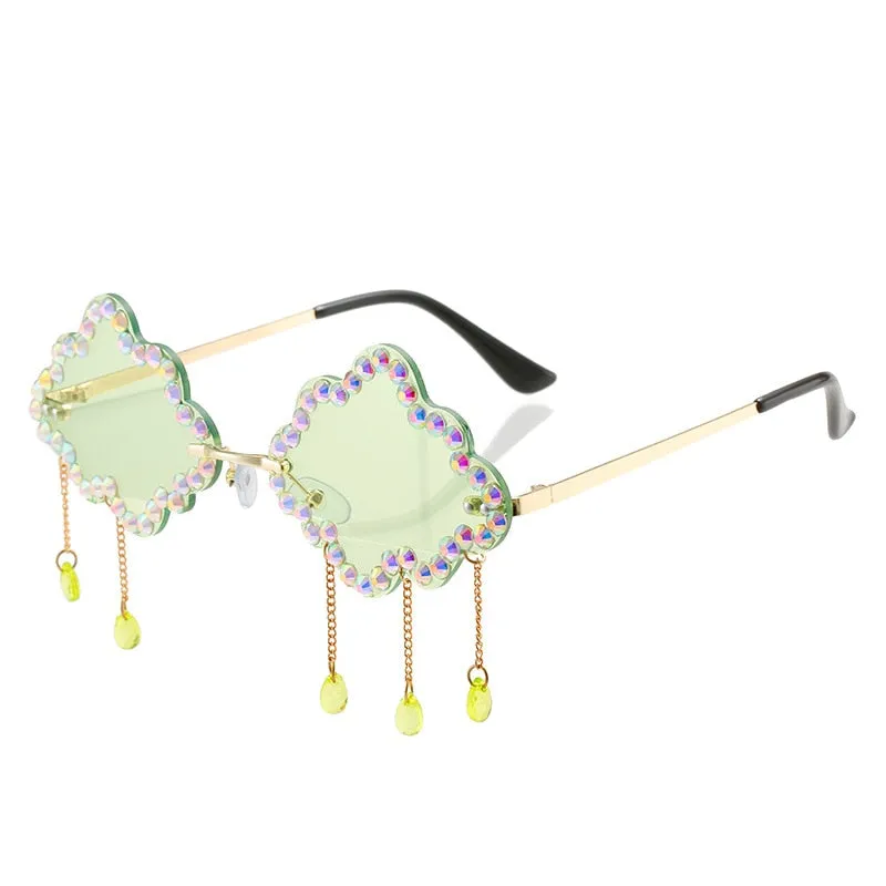 Women's Crystal Rhinestone Clouds Shape Tassel Rimless Sunglasses