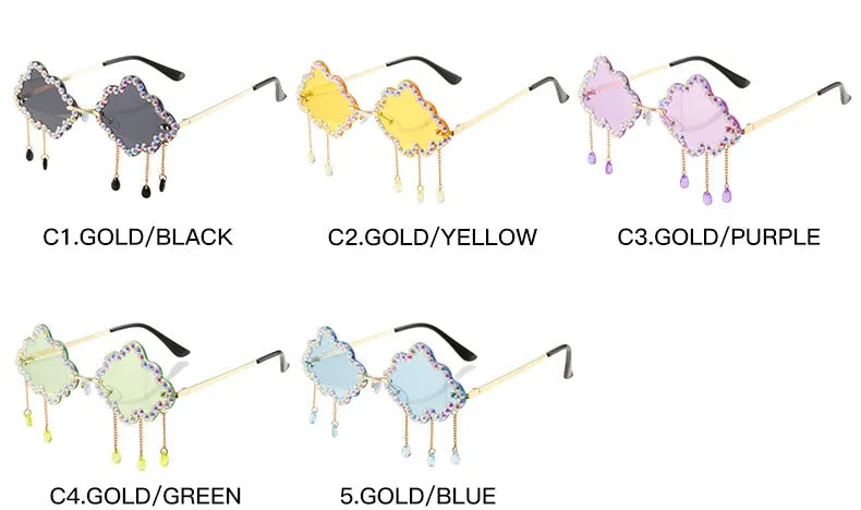 Women's Crystal Rhinestone Clouds Shape Tassel Rimless Sunglasses