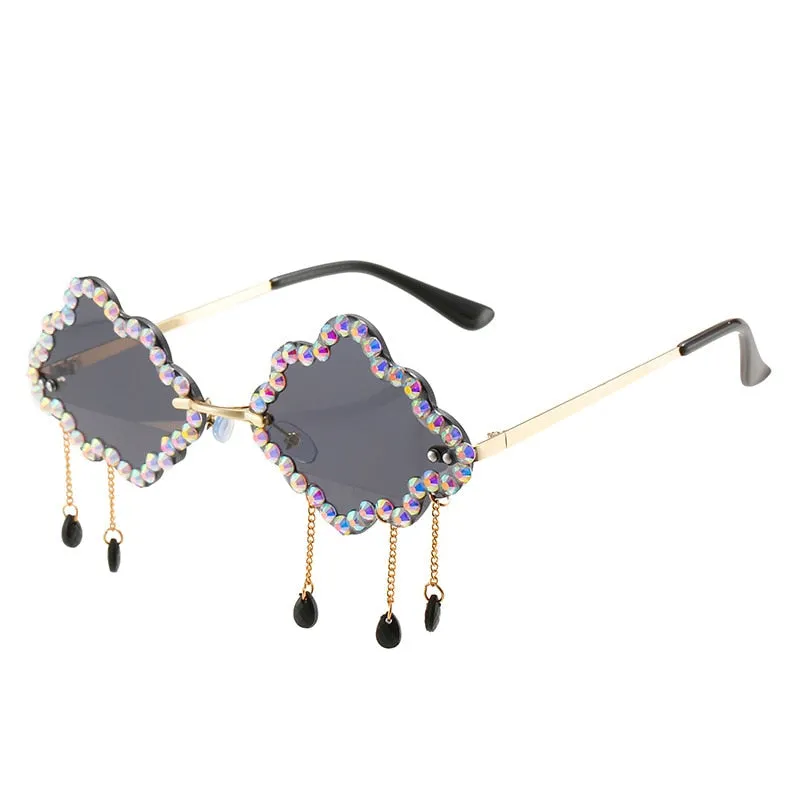 Women's Crystal Rhinestone Clouds Shape Tassel Rimless Sunglasses
