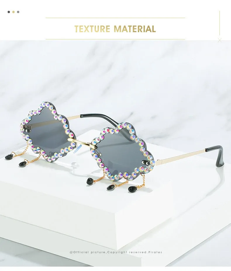 Women's Crystal Rhinestone Clouds Shape Tassel Rimless Sunglasses