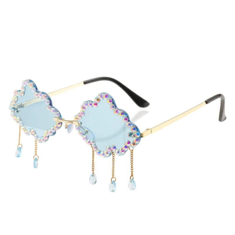 Women's Crystal Rhinestone Clouds Shape Tassel Rimless Sunglasses