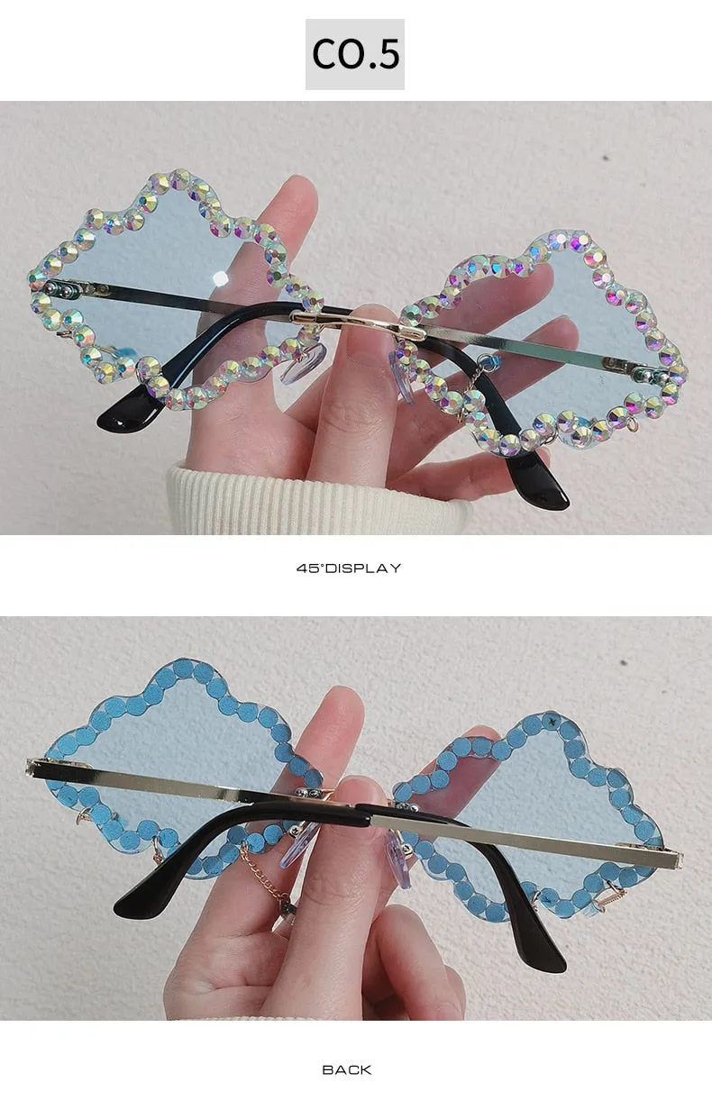 Women's Crystal Rhinestone Clouds Shape Tassel Rimless Sunglasses