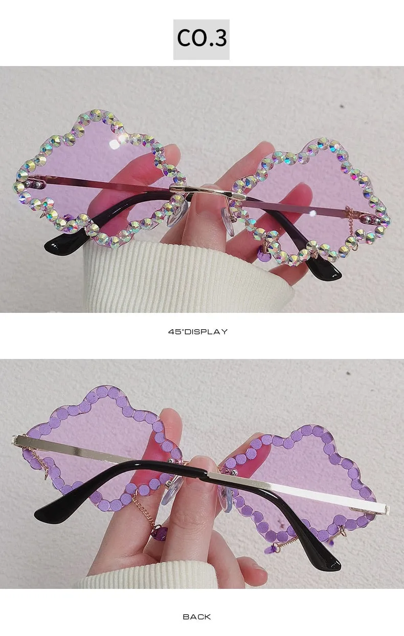 Women's Crystal Rhinestone Clouds Shape Tassel Rimless Sunglasses