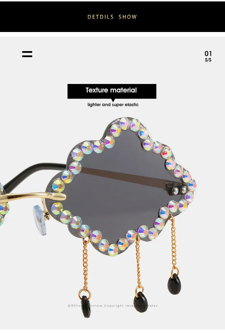 Women's Crystal Rhinestone Clouds Shape Tassel Rimless Sunglasses