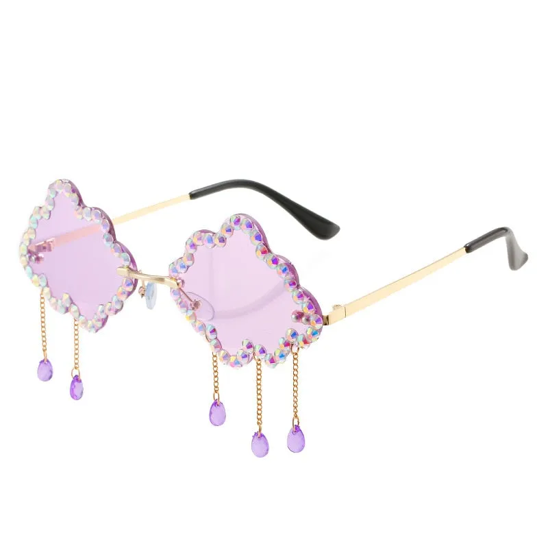 Women's Crystal Rhinestone Clouds Shape Tassel Rimless Sunglasses