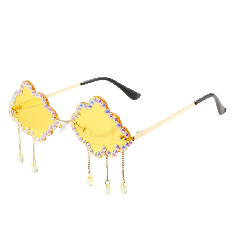 Women's Crystal Rhinestone Clouds Shape Tassel Rimless Sunglasses