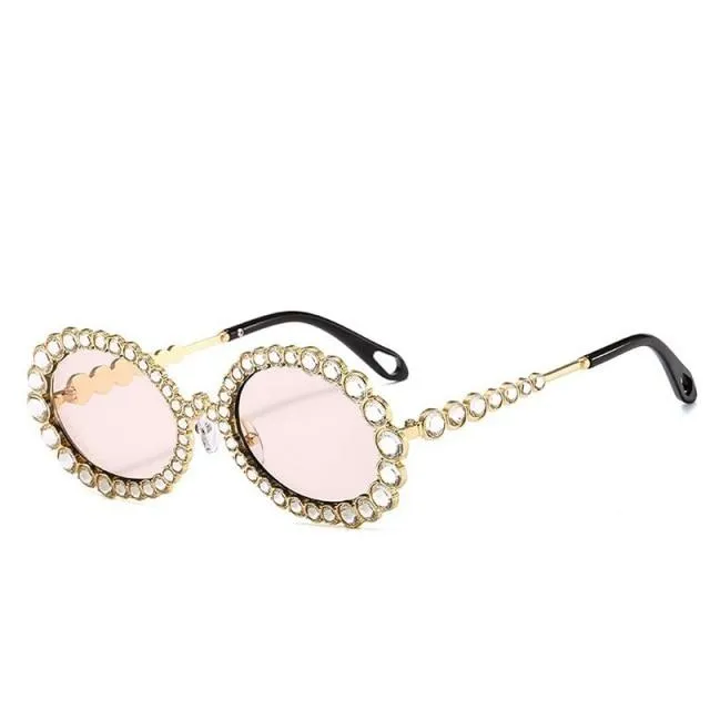 Women's Crystal Rhinestone Gold Champagne Metal Frame Oval Sunglasses on Clearance