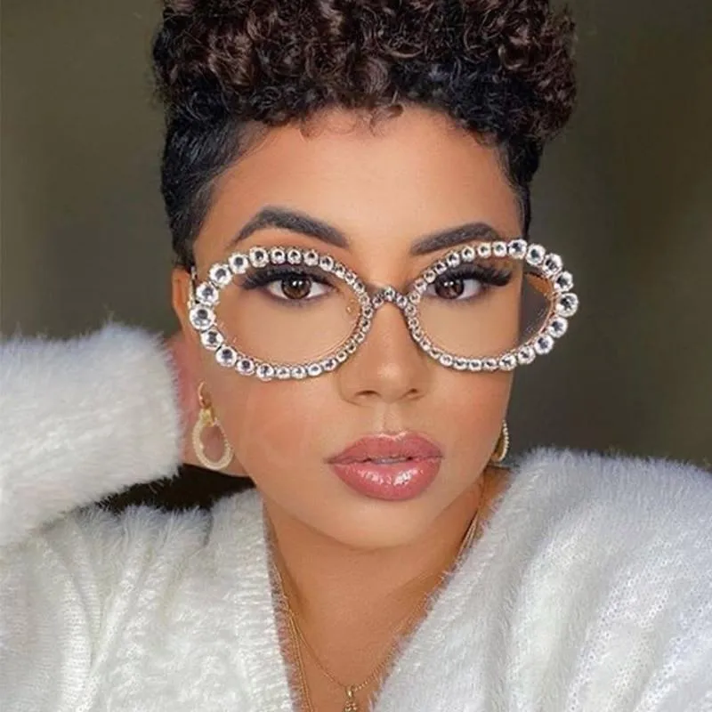 Women's Crystal Rhinestone Gold Champagne Metal Frame Oval Sunglasses on Clearance