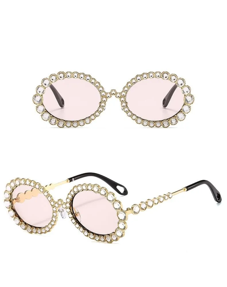 Women's Crystal Rhinestone Gold Champagne Metal Frame Oval Sunglasses on Clearance