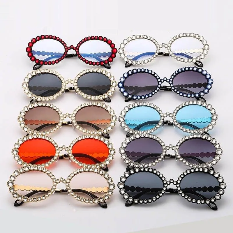 Women's Crystal Rhinestone Gold Champagne Metal Frame Oval Sunglasses on Clearance