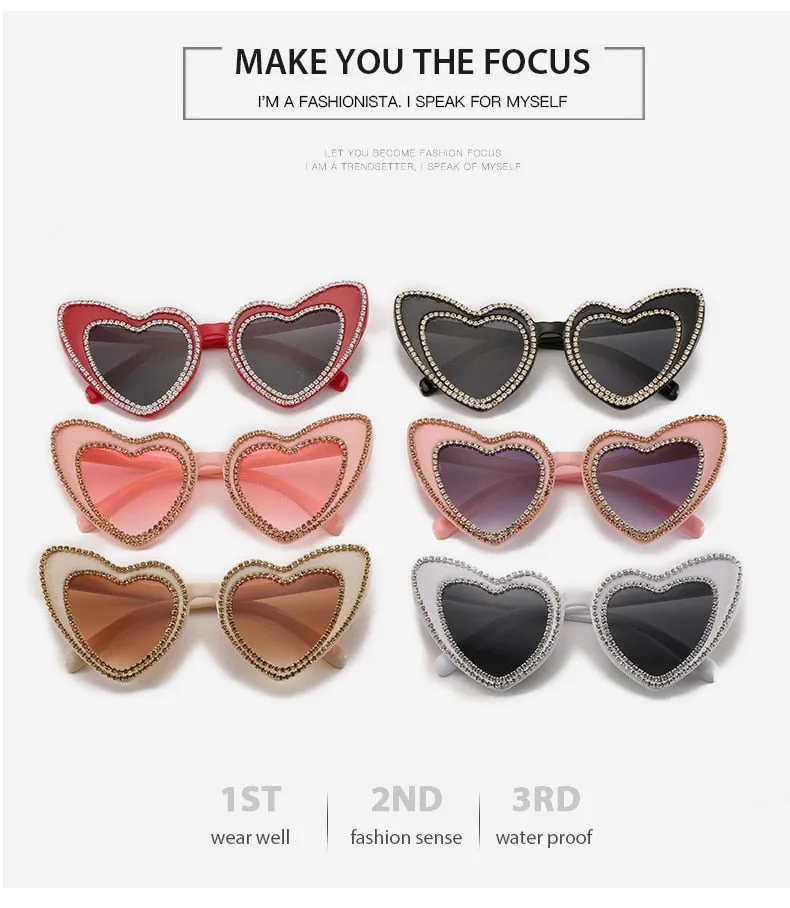 Women's Designer Heart Bling Crystal Diamond Luxury Eyewear Sunglasses