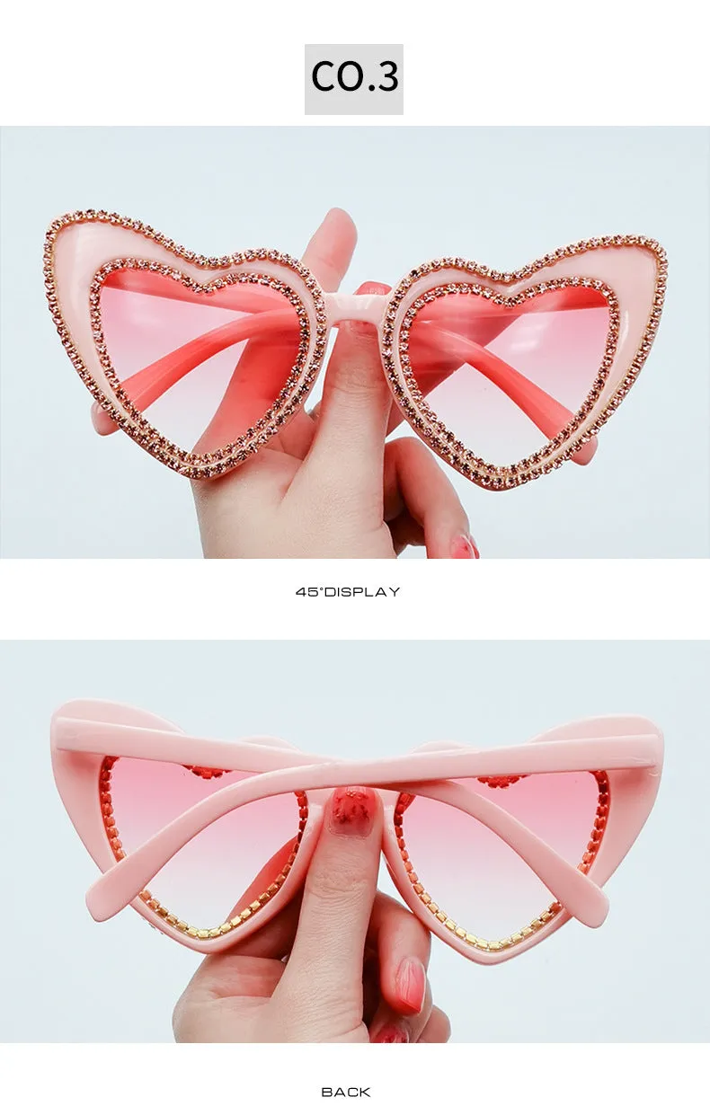 Women's Designer Heart Bling Crystal Diamond Luxury Eyewear Sunglasses
