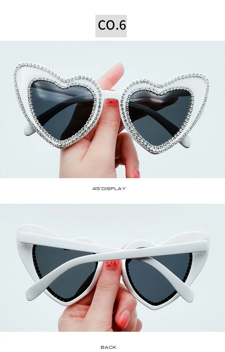 Women's Designer Heart Bling Crystal Diamond Luxury Eyewear Sunglasses