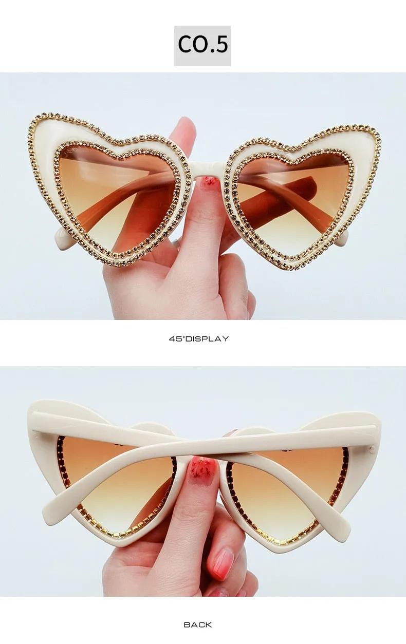 Women's Designer Heart Bling Crystal Diamond Luxury Eyewear Sunglasses
