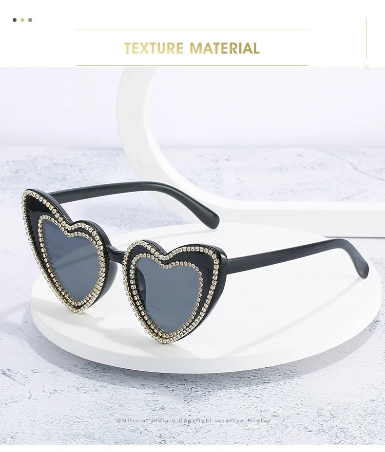 Women's Designer Heart Bling Crystal Diamond Luxury Eyewear Sunglasses