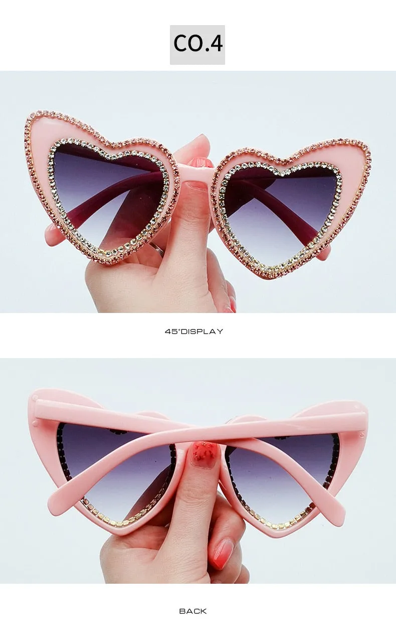 Women's Designer Heart Bling Crystal Diamond Luxury Eyewear Sunglasses