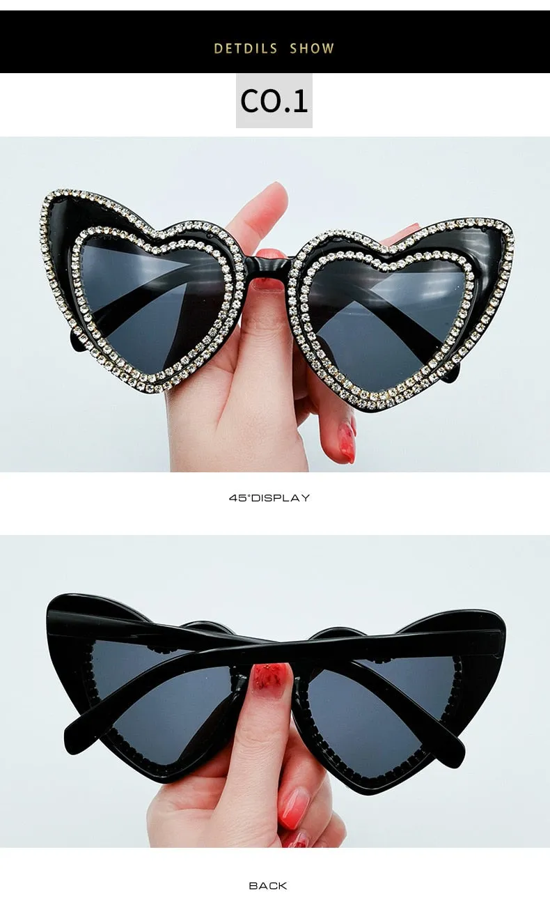 Women's Designer Heart Bling Crystal Diamond Luxury Eyewear Sunglasses