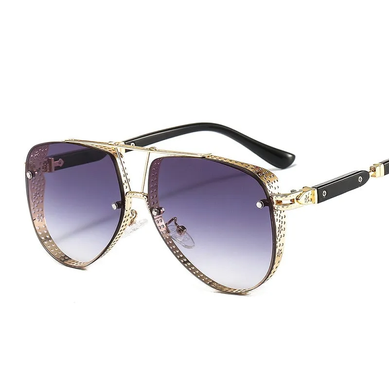 Women's Designer Metal Alloy Frame Hollow Pattern Oval Sunglasses