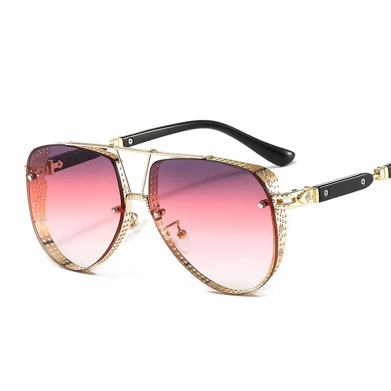 Women's Designer Metal Alloy Frame Hollow Pattern Oval Sunglasses