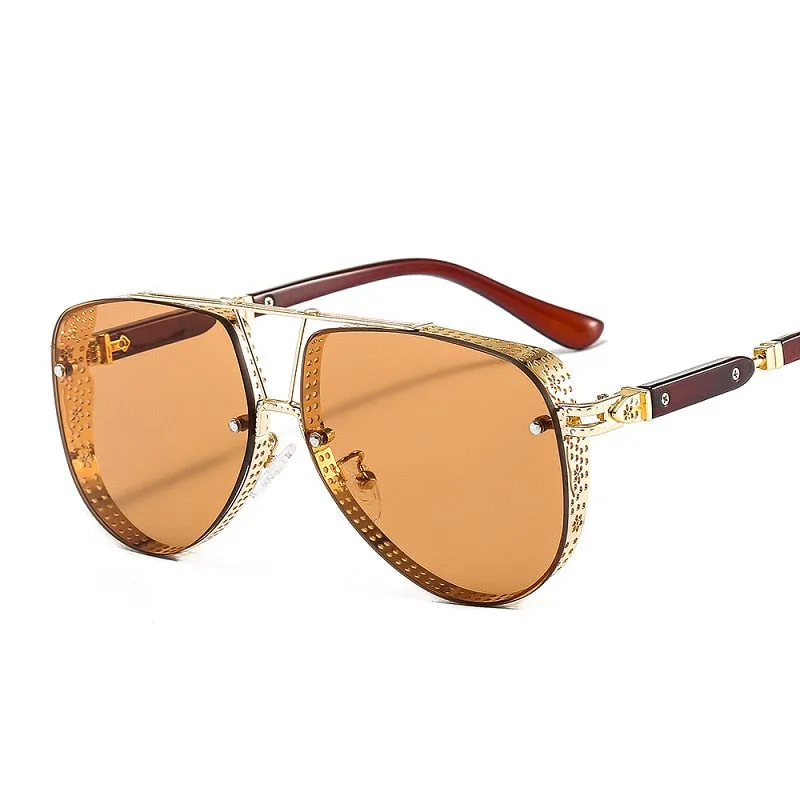 Women's Designer Metal Alloy Frame Hollow Pattern Oval Sunglasses