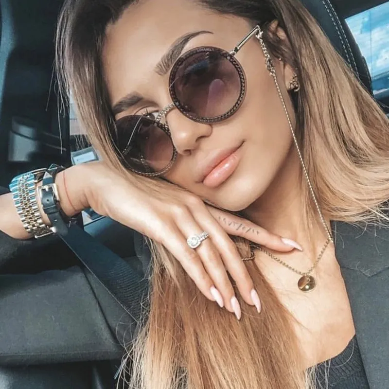 Women's Luxury Round Designer Rimless Sunglasses with Pearl Chain