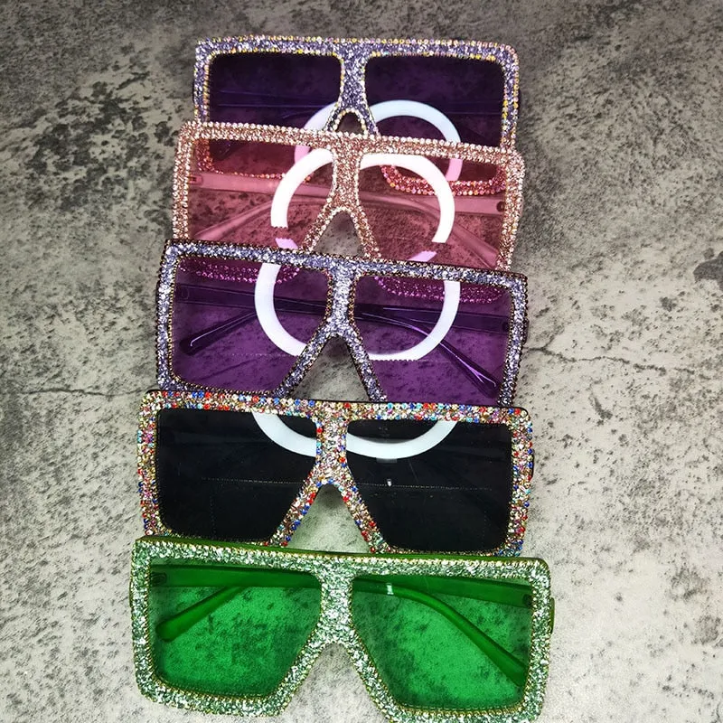 Women's Oversized Rectangle Rhinestones Bling Diamond Sunglasses