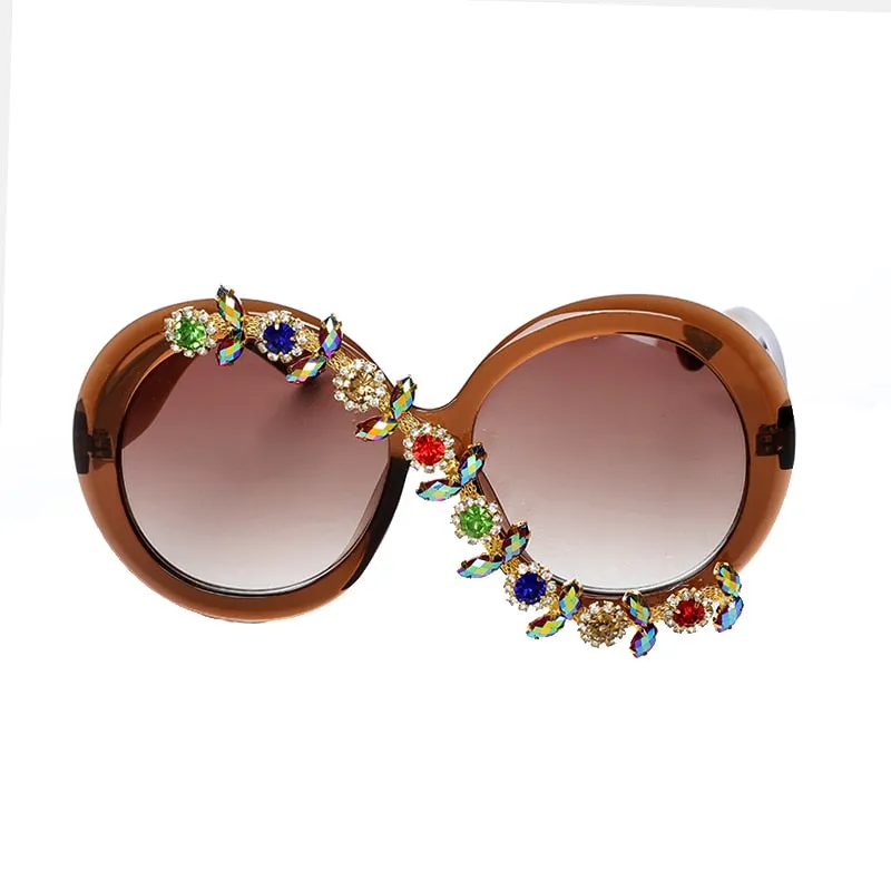 Women's Party Style Stone Luxury Designer Diamond Round Sunglasses