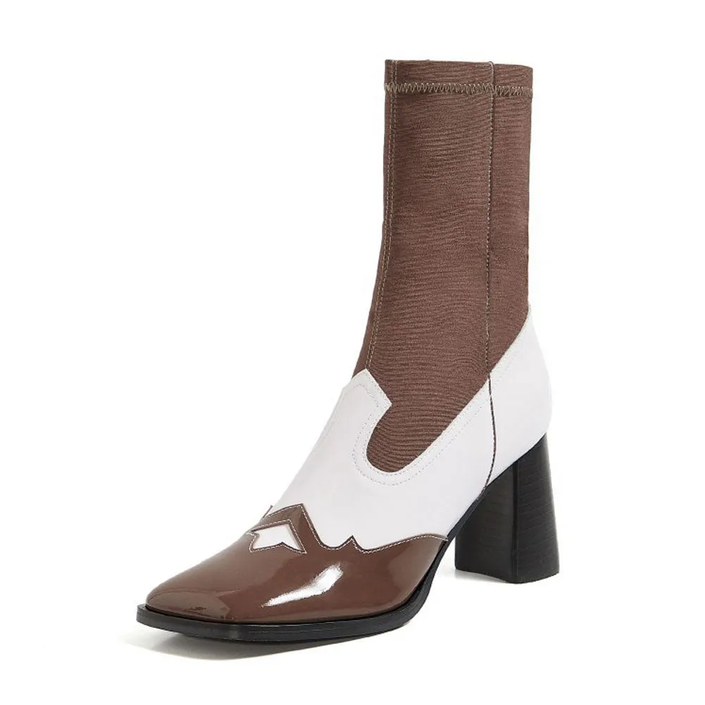 Women's Square Toe Short Genuine Leather Ankle Boots High Heel Stretch Booties