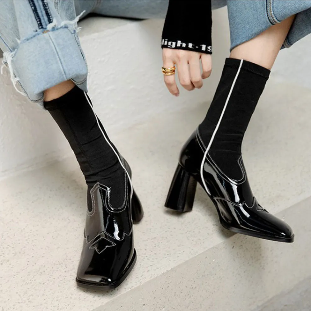 Women's Square Toe Short Genuine Leather Ankle Boots High Heel Stretch Booties