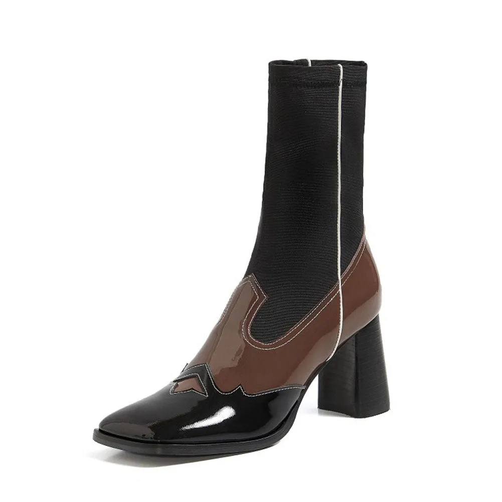 Women's Square Toe Short Genuine Leather Ankle Boots High Heel Stretch Booties