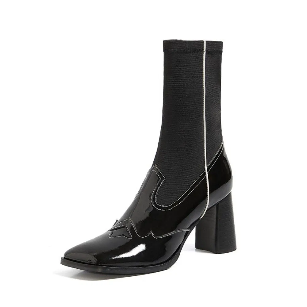 Women's Square Toe Short Genuine Leather Ankle Boots High Heel Stretch Booties