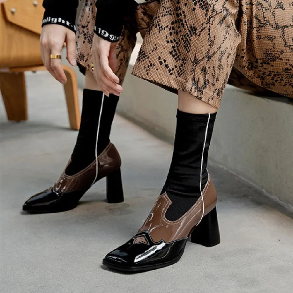 Women's Square Toe Short Genuine Leather Ankle Boots High Heel Stretch Booties