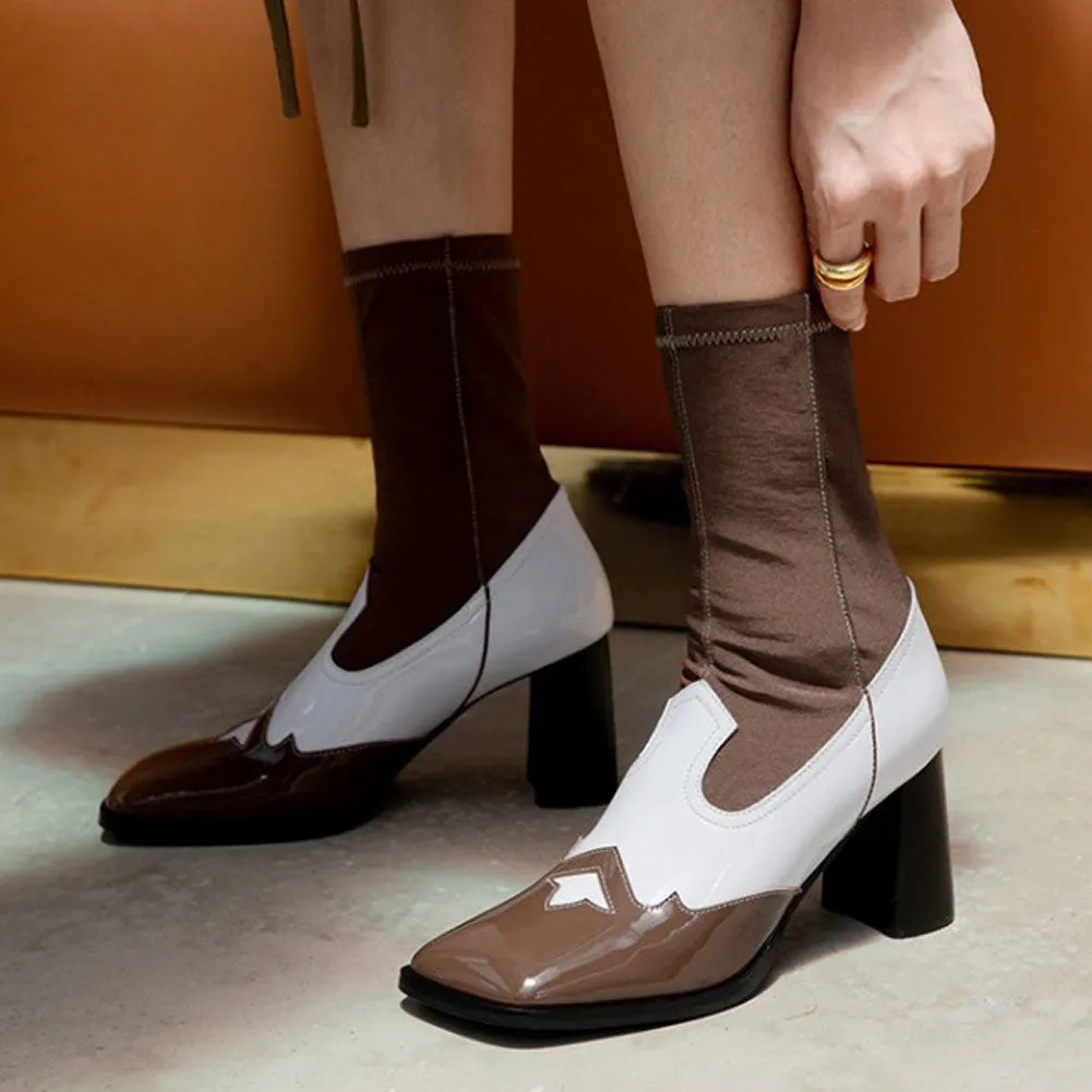Women's Square Toe Short Genuine Leather Ankle Boots High Heel Stretch Booties