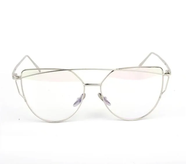 Women's Twin Beam Cat Eye Rose Gold Designer Sunglasses with Mirror Lens