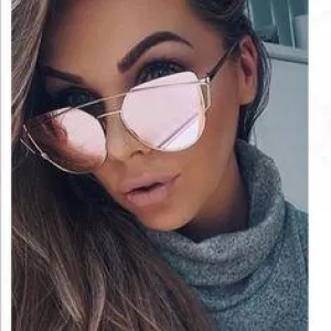 Women's Twin Beam Cat Eye Rose Gold Designer Sunglasses with Mirror Lens