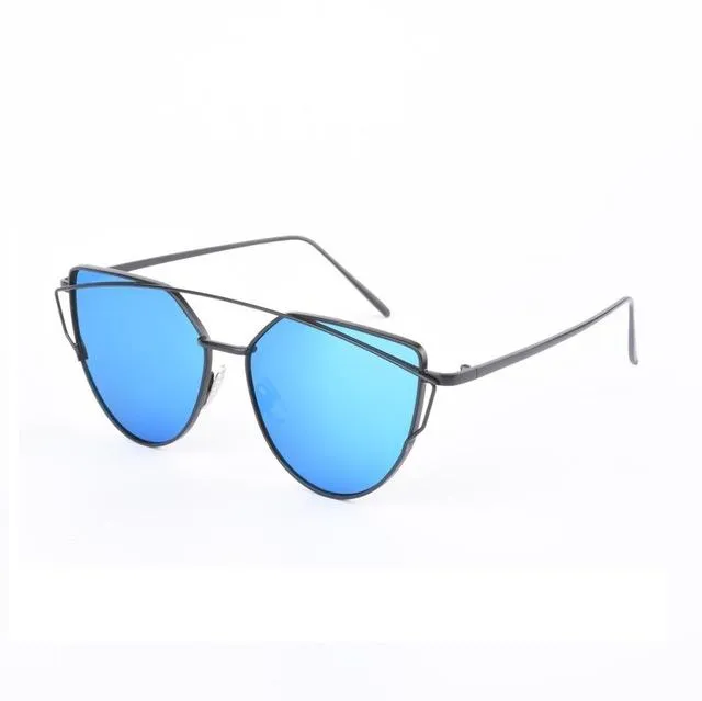 Women's Twin Beam Cat Eye Rose Gold Designer Sunglasses with Mirror Lens