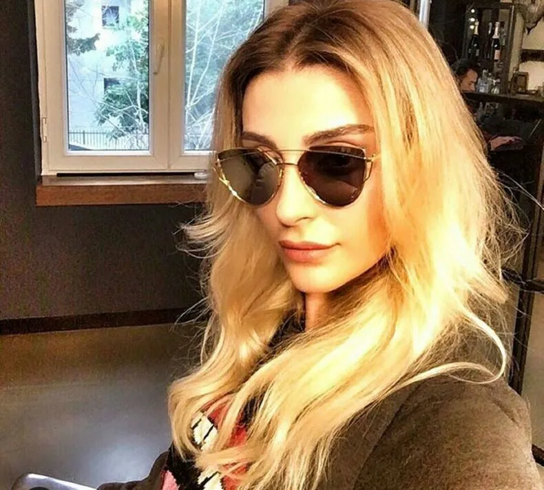 Women's Twin Beam Cat Eye Rose Gold Designer Sunglasses with Mirror Lens
