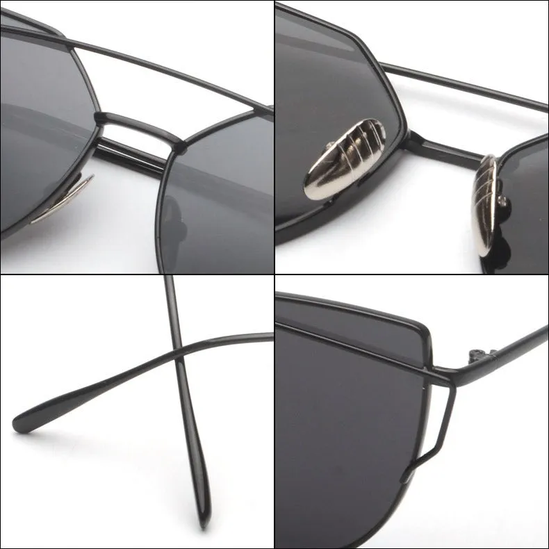 Women's Twin Beam Cat Eye Rose Gold Designer Sunglasses with Mirror Lens