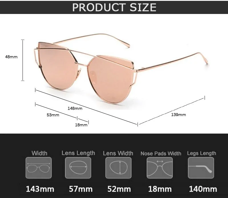 Women's Twin Beam Cat Eye Rose Gold Designer Sunglasses with Mirror Lens