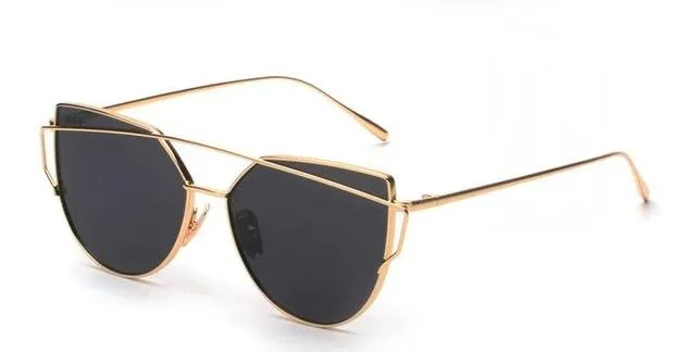 Women's Twin Beam Cat Eye Rose Gold Designer Sunglasses with Mirror Lens