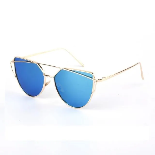Women's Twin Beam Cat Eye Rose Gold Designer Sunglasses with Mirror Lens