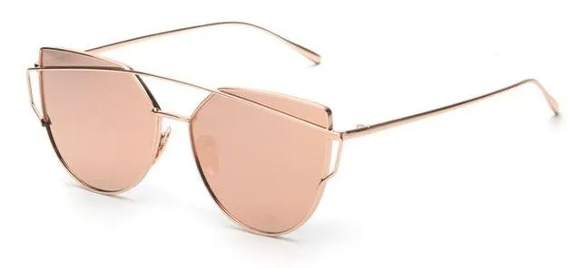 Women's Twin Beam Cat Eye Rose Gold Designer Sunglasses with Mirror Lens